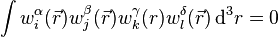  \int w_i^\alpha(\vec r)w_j^\beta(\vec r)w_k^\gamma(r)w_l^\delta(\vec r)\,{\rm d}^3 r=0