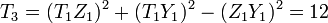  T_3  = (T_1Z_1)^2 + (T_1Y_1)^2 - (Z_1Y_1)^2 = 12