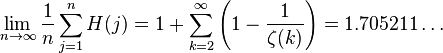 
\lim_{n \to \infty} \frac{1}{n} \sum_{j=1}^n H(j) = 1+\sum_{k=2}^\infty \left(1-\frac{1}{\zeta(k)}\right) 
= 1.705211\dots \,
