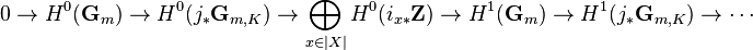 0\rightarrow H^0(\mathbf{G}_m)\rightarrow H^0(j_*\mathbf{G}_{m,K})\rightarrow\bigoplus_{x\in |X|}H^0(i_{x*}\mathbf{Z})\rightarrow H^1(\mathbf{G}_m)\rightarrow H^1(j_*\mathbf{G}_{m,K})\rightarrow\cdots