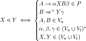  X \lessdot Y \iff \begin{cases} A \to \alpha X B \beta \in P \\ B \Rightarrow^+ Y \gamma \\ A, B \in V_n \\ \alpha , \beta, \gamma \in (V_n \cup V_t)^* \\ X, Y \in (V_n \cup V_t) \end{cases} 