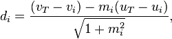 d_i=\frac{ (v_T-v_i)-m_i (u_T-u_i) }{\sqrt {1+m_i^2}},