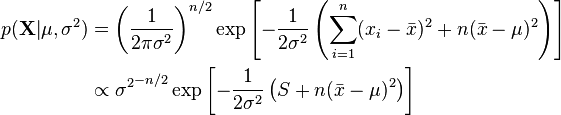 \begin{align}
p(\mathbf{X}|\mu,\sigma^2) &= \left(\frac{1}{2\pi\sigma^2}\right)^{n/2} \exp\left[-\frac{1}{2\sigma^2} \left(\sum_{i=1}^n(x_i-\bar{x})^2 + n(\bar{x} -\mu)^2\right)\right] \\
&\propto {\sigma^2}^{-n/2} \exp\left[-\frac{1}{2\sigma^2} \left(S + n(\bar{x} -\mu)^2\right)\right]
\end{align}