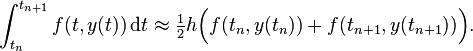  \int_{t_n}^{t_{n+1}} f(t,y(t)) \,\mathrm{d}t \approx \tfrac12 h \Big( f(t_n,y(t_n)) + f(t_{n+1},y(t_{n+1})) \Big). 