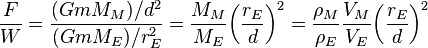 
\frac {F} {W} 
= \frac {(G m M_M) / d^2} {(G m M_E) / r_E^2} 
= \frac {M_M}{M_E} {\left( \frac {r_E}{d} \right)}^2
= \frac {\rho_M} {\rho_E} \frac {V_M} {V_E} {\left( \frac {r_E}{d} \right)}^2
