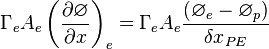 
{{\Gamma{}}_eA_e\left(\frac{\partial{}\varnothing{}}{\partial{x}}\right)}_e=
{\Gamma{}}_eA_e\frac{({\varnothing{}}_e-{\varnothing{}}_p)}{{\delta{}x}_{PE}}
