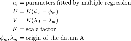 \begin{align}
       a_i  & = \rm{parameters\  fitted\  by\  multiple\  regression} \\
       U    & = K(\phi_A - \phi_m) \\

       V    & = K(\lambda_A - \lambda_m) \\
       K    & = \rm{scale\  factor} \\
       \phi_m,\lambda_m & = \rm{origin\  of\  the\  datum\ }A \\
\end{align}