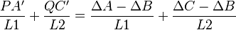 \dfrac{PA'}{L1} + \dfrac{QC'}{L2} = \dfrac{\Delta A -\Delta B}{L1} + \dfrac{\Delta C -\Delta B}{L2}