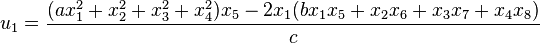 u_1 = \frac{(ax_1^2+x_2^2+x_3^2+x_4^2)x_5 - 2x_1(bx_1 x_5 + x_2 x_6+ x_3 x_7+ x_4 x_8)}{c}