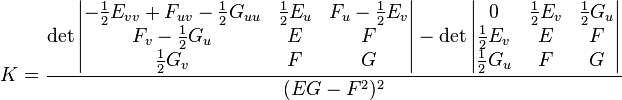  K =\frac{\det \begin{vmatrix} -\frac{1}{2}E_{vv} + F_{uv} - \frac{1}{2}G_{uu} & \frac{1}{2}E_u & F_u-\frac{1}{2}E_v\\F_v-\frac{1}{2}G_u & E & F\\\frac{1}{2}G_v & F & G \end{vmatrix}- \det \begin{vmatrix} 0 & \frac{1}{2}E_v & \frac{1}{2}G_u\\\frac{1}{2}E_v & E & F\\\frac{1}{2}G_u & F & G \end{vmatrix}}{(EG-F^2)^2} 
