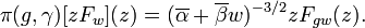 \displaystyle{\pi(g,\gamma)[zF_w](z)= (\overline{\alpha} +\overline{\beta}w)^{-3/2} zF_{gw}(z).}