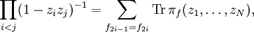 \prod_{i<j} (1-z_iz_j)^{-1} =  \sum_{f_{2i-1}=f_{2i}} \mathrm{Tr}\, \pi_{f}(z_1,\ldots,z_N),