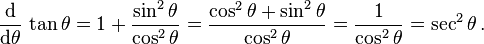 
 \frac{\operatorname{d}}{\operatorname{d}\!\theta}\,\tan\theta
 = 1 + \frac{\sin^2\theta}{\cos^2\theta}
 = \frac{\cos^2\theta + \sin^2\theta}{\cos^2\theta}
 = \frac{1}{\cos^2\theta}
 = \sec^2\theta \, .
