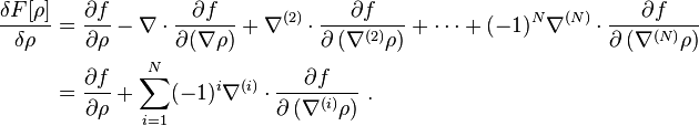 
\begin{align}
\frac{\delta F[\rho]}{\delta \rho} &{} = \frac{\partial f}{\partial\rho} - \nabla \cdot \frac{\partial f}{\partial(\nabla\rho)} + \nabla^{(2)} \cdot \frac{\partial f}{\partial\left(\nabla^{(2)}\rho\right)} + \dots + (-1)^N \nabla^{(N)} \cdot \frac{\partial f}{\partial\left(\nabla^{(N)}\rho\right)} \\
&{} =   \frac{\partial f}{\partial\rho} + \sum_{i=1}^N (-1)^{i}\nabla^{(i)} \cdot \frac{\partial f}{\partial\left(\nabla^{(i)}\rho\right)} \ .
\end{align}
