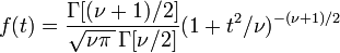 f(t) = \frac{\Gamma[(\nu+1)/2]}{\sqrt{\nu\pi\,}\,\Gamma[\nu/2]} (1+t^2/\nu)^{-(\nu+1)/2}