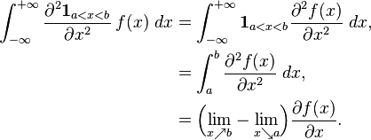 \begin{align}
\int_{-\infty}^{+\infty}  \frac{\partial^2\mathbf{1}_{a<x<b}}{\partial x^2}\,f(x)\;dx&=\int_{-\infty}^{+\infty}  \mathbf{1}_{a<x<b} \frac{\partial^2 f(x)}{\partial x^2}\;dx,
\\
&=\displaystyle\int_a^b \frac{\partial^2 f(x)}{\partial x^2}\;dx,
\\
&=\displaystyle\Big(\underset{ x \nearrow b}\lim -\underset{ x \searrow a}\lim\Big) \frac{\partial f(x)}{\partial x}.
\end{align}