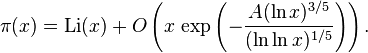 \pi(x)={\rm Li} (x) + O \left(x \, \exp \left( -\frac{A(\ln x)^{3/5}}{(\ln \ln x)^{1/5}} \right) \right).