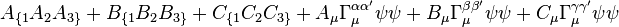  A_{\{1} A_2 A_{3\}} + B_{\{1} B_2 B_{3\}} + C_{\{1} C_2 C_{3\}} + A_\mu \Gamma^{\alpha \alpha'}_\mu \psi\psi 
 + B_\mu \Gamma^{\beta \beta'}_\mu \psi\psi + C_\mu \Gamma^{\gamma \gamma'}_\mu \psi\psi