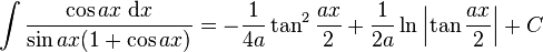 \int\frac{\cos ax\;\mathrm{d}x}{\sin ax(1+\cos ax)} = -\frac{1}{4a}\tan^2\frac{ax}{2}+\frac{1}{2a}\ln\left|\tan\frac{ax}{2}\right|+C