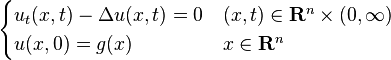 
\begin{cases}
u_t(x,t) - \Delta u(x,t) = 0 &(x,t)\in \mathbf{R}^n\times (0,\infty)\\
u(x,0) = g(x) & x\in \mathbf{R}^n
\end{cases}
