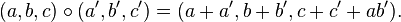 
(a, b, c)\circ(a', b', c') = (a+a', b+b', c+c'+ab').
 