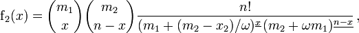 \operatorname{f}_2(x)=\binom{m_1}{x}\binom{m_2}{n-x} \frac{n!}{(m_1+(m_2-x_2)/\omega)^{\underline{x}}\, (m_2+\omega m_1)^{\underline{n-x}}}\, ,