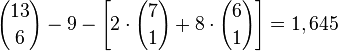 {13 \choose 6} - 9 - \left[2 \cdot {7 \choose 1} + 8 \cdot {6 \choose 1}\right] = 1,645