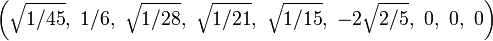 \left(\sqrt{1/45},\ 1/6,\ \sqrt{1/28},\ \sqrt{1/21},\ \sqrt{1/15},\ -2\sqrt{2/5},\ 0,\ 0,\ 0\right)