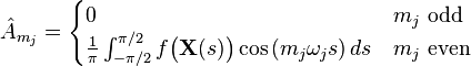 
\hat{A}_{m_j}=
\begin{cases}
0 & m_j \text{ odd} \\
\frac{1}{\pi}\int_{-\pi/2}^{\pi/2}f\bigl(\mathbf X(s)\bigr)\cos\left(m_j\omega_js\right)ds & m_j \text{ even}
\end{cases}
