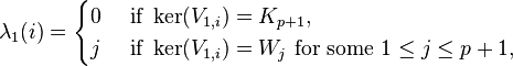 \lambda_1(i)=\begin{cases}0 & \text{ if } \ker(V_{1,i})=K_{p+1},\\j & \text{ if } \ker(V_{1,i})=W_j \text{ for some } 1\le j\le p+1,\end{cases}