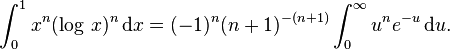 \int_0^1 x^n(\log\, x)^n\,\mathrm{d}x = (-1)^n (n+1)^{-(n+1)}  \int_0^\infty u^n  e^{-u}\,\mathrm{d}u.