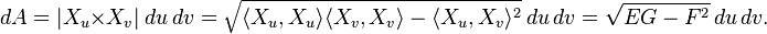 dA = |X_u \times X_v| \ du\, dv= \sqrt{ \langle X_u,X_u \rangle \langle X_v,X_v \rangle - \langle X_u,X_v \rangle^2 } \ du\, dv = \sqrt{EG-F^2} \, du\, dv.