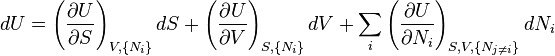 dU=
\left(\frac{\partial U}{\partial S}\right)_{V,\{N_i\}}dS+
\left(\frac{\partial U}{\partial V}\right)_{S,\{N_i\}}dV+
\sum_i\left(\frac{\partial U}{\partial N_i}\right)_{S,V,\{N_{j \ne i}\}}dN_i
