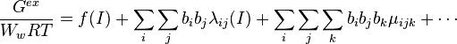 \frac{G^{ex}}{W_wRT} = f(I) +\sum_i \sum_j b_ib_j\lambda_{ij}(I)+\sum_i \sum_j \sum_kb_ib_jb_k\mu_{ijk}+\cdots