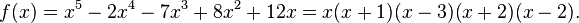 f(x) = x^5 - 2x^4-7x^3 + 8x^2 + 12x = x (x + 1) (x - 3) (x + 2) (x - 2). 