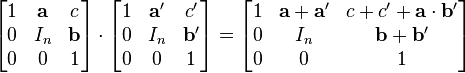  \begin{bmatrix} 1 & \mathbf a & c \\ 0 & I_n & \mathbf b \\ 0 & 0 & 1 \end{bmatrix} \cdot \begin{bmatrix}1 & \mathbf a' & c' \\ 0 & I_n & \mathbf b' \\ 0 & 0 & 1 \end{bmatrix} =  \begin{bmatrix} 1 & \mathbf a+ \mathbf a' & c+c' +\mathbf a \cdot \mathbf b' \\ 0 & I_n & \mathbf b+\mathbf b' \\ 0 & 0 & 1 \end{bmatrix}  