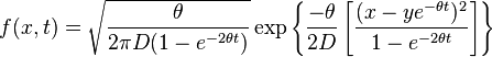 f(x,t) = \sqrt{\frac{\theta}{2 \pi D (1-e^{-2\theta t})}} \exp\left\{\frac{-\theta}{2D}\left[\frac{(x - y e^{-\theta t})^2}{1-e^{-2\theta t}}\right]\right\}