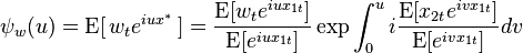 
    \psi_w(u) = \operatorname{E}[\,w_te^{iux^*}\,] 
              = \frac{\operatorname{E}[w_te^{iux_{1t}}]}{\operatorname{E}[e^{iux_{1t}}]}
                \exp \int_0^u i\frac{\operatorname{E}[x_{2t}e^{ivx_{1t}}]}{\operatorname{E}[e^{ivx_{1t}}]}dv
  