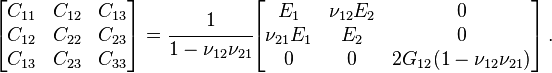 
   \begin{bmatrix} C_{11} & C_{12} & C_{13} \\ C_{12} & C_{22} & C_{23} \\
                   C_{13} & C_{23} & C_{33} \end{bmatrix}
   = \cfrac{1}{1-\nu_{12}\nu_{21}}
   \begin{bmatrix} E_1 & \nu_{12}E_2 & 0 \\
                   \nu_{21}E_1 & E_2 & 0 \\
                   0 & 0 & 2G_{12}(1-\nu_{12}\nu_{21}) \end{bmatrix}
    \,.
 