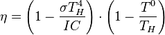 \eta = \left(1 - \frac {\sigma T_H^4 }{IC} \right) \cdot \left( 1 - \frac{T^0}{T_H} \right)