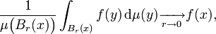 \frac1{\mu \big( B_{r} (x) \big)} \int_{B_{r} (x)} f(y) \, \mathrm{d} \mu(y) \xrightarrow[r \to 0]{} f(x),