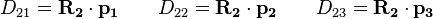 D_{21} = \mathbf{R_2} \cdot \mathbf{p_1} \qquad D_{22} = \mathbf{R_2} \cdot \mathbf{p_2} \qquad D_{23} = \mathbf{R_2} \cdot \mathbf{p_3}