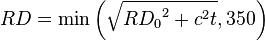 RD = \min\left(\sqrt{{RD_0}^2 + c^2 t},350\right)