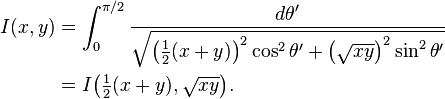 
\begin{align}
I(x,y) &= \int_0^{\pi/2}\frac{d\theta'}{\sqrt{\bigl(\frac12(x+y)\bigr)^2\cos^2\theta'+\bigl(\sqrt{xy}\bigr)^2\sin^2\theta'}}\\
       &= I\bigl(\tfrac12(x+y),\sqrt{xy}\bigr).
\end{align}
