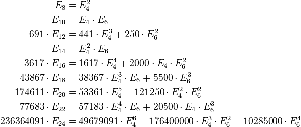 \begin{align}
E_{8} &=   E_4^2 \\
E_{10} &=  E_4\cdot E_6 \\
691 \cdot E_{12} &=  441\cdot E_4^3+    250\cdot E_6^2 \\
E_{14} &= E_4^2\cdot E_6 \\
3617\cdot E_{16} &=  1617\cdot E_4^4+   2000\cdot E_4  \cdot E_6^2 \\
43867 \cdot E_{18} &= 38367\cdot E_4^3\cdot E_6+5500\cdot E_6^3 \\
174611 \cdot E_{20} &= 53361\cdot E_4^5+ 121250\cdot E_4^2\cdot E_6^2 \\
77683 \cdot E_{22} &= 57183\cdot E_4^4\cdot E_6+20500\cdot E_4\cdot E_6^3 \\
236364091 \cdot E_{24} &= 49679091\cdot E_4^6+ 176400000\cdot E_4^3\cdot E_6^2 + 10285000\cdot E_6^4
\end{align}