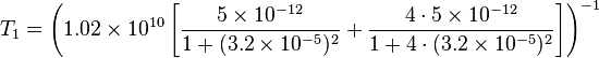 T_1=\left(1.02\times 10^{10}\left[\frac{ 5\times 10^{-12} }{1 + (3.2\times 10^{-5} )^2} + \frac{ 4\cdot 5\times 10^{-12} }{1 + 4\cdot (3.2\times 10^{-5} )^2}\right]\right)^{-1} 