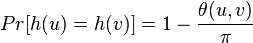 Pr[h(u) = h(v)] = 1 - \frac{\theta(u,v)}{\pi}