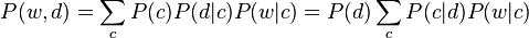 P(w,d) = \sum_c P(c) P(d|c) P(w|c) = P(d) \sum_c P(c|d) P(w|c)