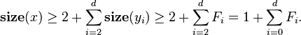 \textbf{size}(x) \ge 2 + \sum_{i=2}^d \textbf{size}(y_i) \ge 2 + \sum_{i=2}^d F_i = 1 + \sum_{i=0}^d F_i.