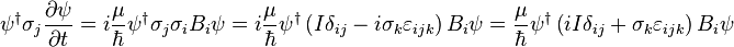  \psi^\dagger \sigma_j \frac{\partial\psi}{\partial t}=i\frac{\mu}{\hbar}\psi^\dagger\sigma_j\sigma_i B_i \psi =i\frac{\mu}{\hbar}\psi^\dagger \left(I\delta_{ij} - i \sigma_k \varepsilon_{ijk}\right)B_i\psi=\frac{\mu}{\hbar}\psi^\dagger \left(iI\delta_{ij} + \sigma_k \varepsilon_{ijk}\right)B_i\psi 